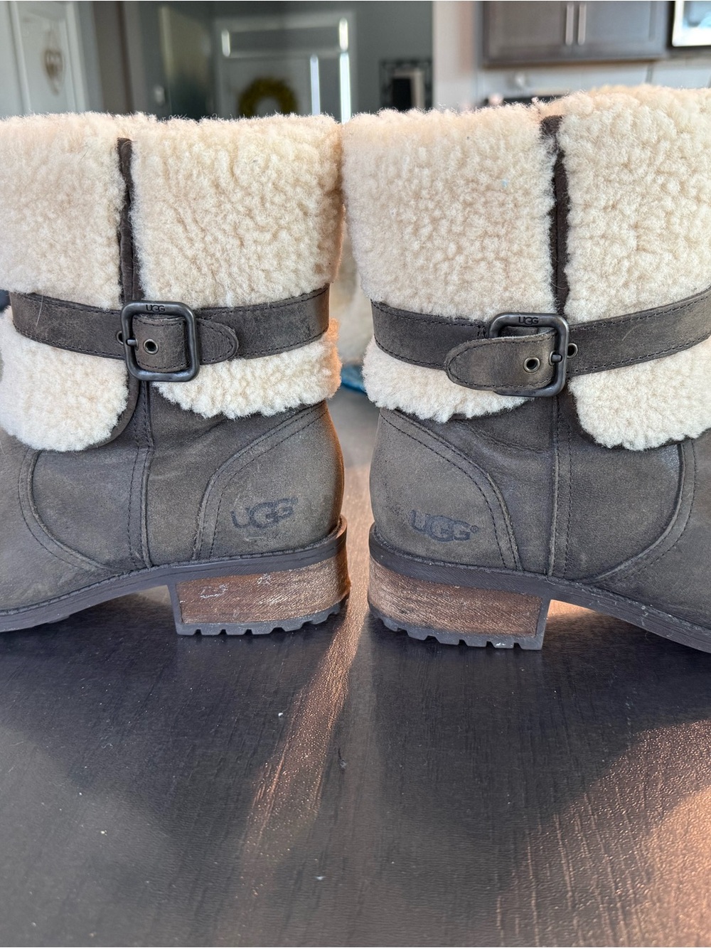 UGG Brown Suede Shearling Cuff Ankle Boots with Buckle - Picture 2 of 5